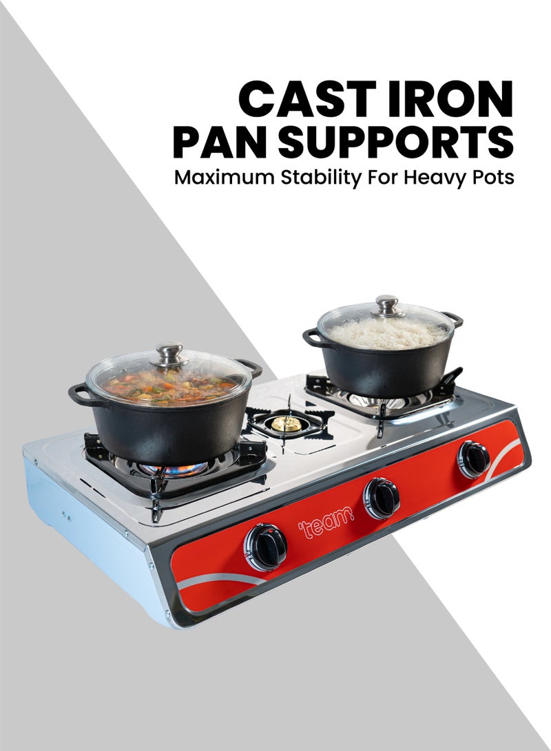 Team Triple Burner Gas Stove – Stainless Steel Top, Cast Iron Pan Supports, Automatic Ignition, Whirlwind Flame Design, Double Jet System – Table Top Gas Cooker - Image 4